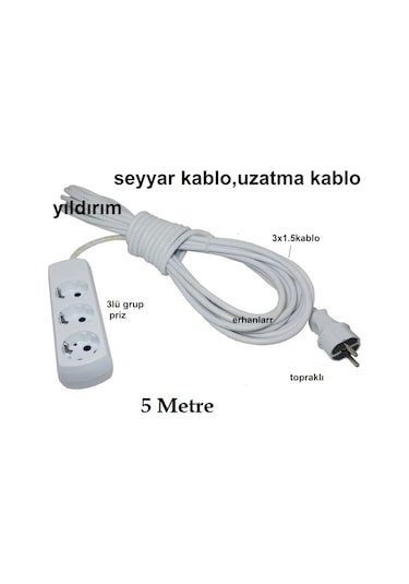 Seyyar Kablo Uzatma Kablo Ara Kablo 5 Metre 3 Lü Grup Priz