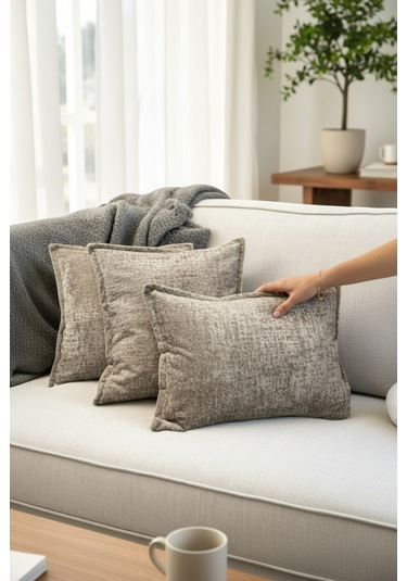 Kırlent İthal Kadife Kumaş 3'lü Set - Yumuşak Dokulu Dekoratif Özel Tasarım Kırlent Kılıfı Açık Bej