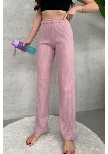 Kadın Gül Kurusu Yüksek Bel Fitilli Bol Paça Günlük İnce Eşofman Altı GÜL KURUSU