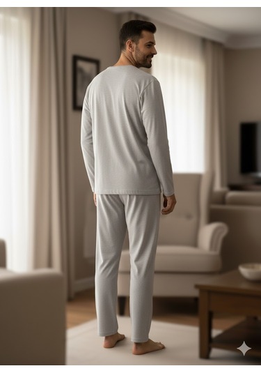 Erkek Uzun Kol Pijama Takım Açık Gri