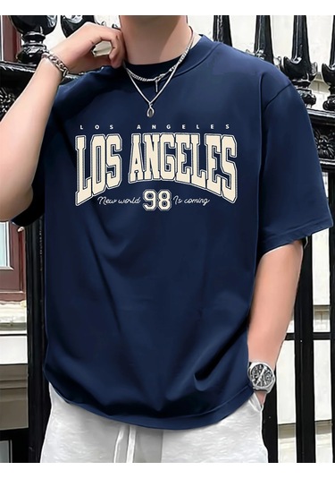 Guılanerkek Los Angeles 98 Baskılı Pamuk Spor Tişört, Rahat Ve Modalacivert Lacivert