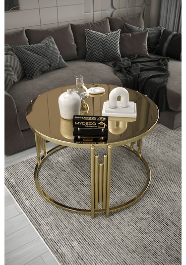 Piyano Tekli Orta Sehpa Gold Ayak Bronz Ayna