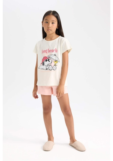 DeFacto Kız Çocuk Snoopy Pijama Takımı Kısa Kollu Üst Beli Lastikli Kısa Şort D9831A824WNER99 Ekru