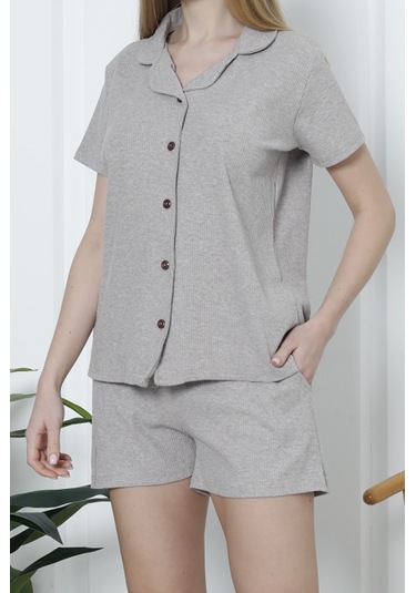 Kadın Şortlu Pijama Takımı Kısa Kollu Kaşkorse Salaş Cepli Koyu Vizon Nıc1070 R29 Koyu Vizon