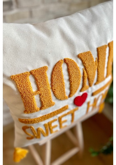 Swita Home Punch İşlemeli 2'li Dekoratif Özel Tasarım Kırlent Kılıfı Panç Hardal - Krem