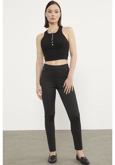 Önden Dikiş Detaylı Tayt - Siyah 001