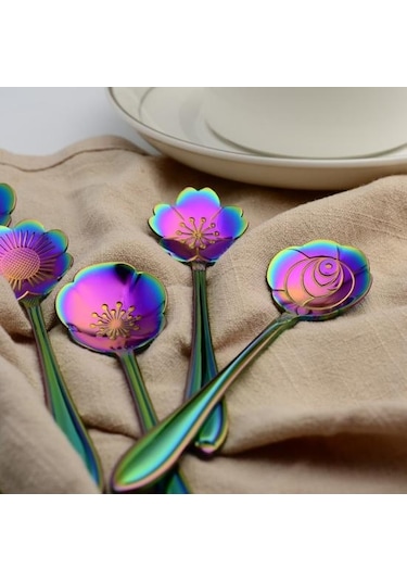 8 Adet Çiçek Paslanmaz Çelik Kahve Çay Bardağı Kaşık Çay Kaşığı Mutfak Aracı Hediye Gümüş