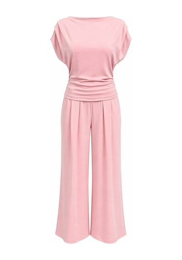 Mixray 2093 Kadın Dökümlü Bluz Geniş Paça Pantolon İkili Takım Pembe