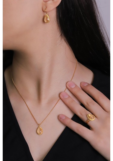 Beyisa Güneş Taşı Serisi Sarma Damla Kesim Siyah Renkli Oniks 22 Ayar Altın Kaplama Kadın Set