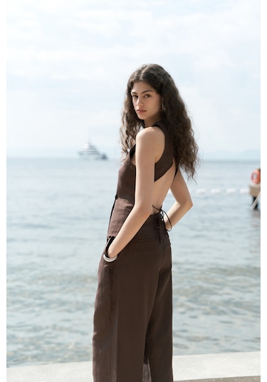 Nagmetah Sırt Pencereli Yelek Pantolon Takım - Kahve Kahve