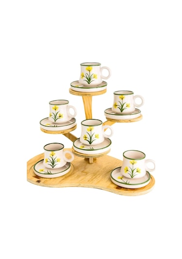 2 Li Takım Sarı Çiçek Desenli El Yapımı Kazan Seramik Kahve Fincanı, Kahve Fincanı Beyaz