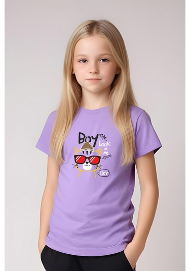 Fyk Kids Kız Çocuk Yuvarlak Yaka Baskılı Boy Cat Alt-üst Pijama Takımı Lila