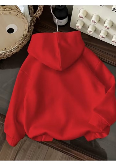 Kışlık Kapüşonlu Sweatshirt, Kiraz Leopar Baskılı Yeni Kırmızı