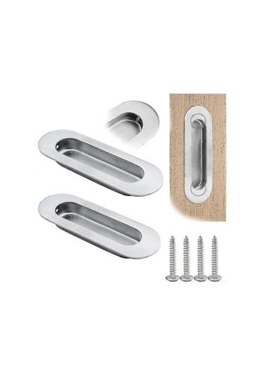2 Adet Fırçalanmış Paslanmaz Çelik Gömme Oval Sürgülü Kapı Kolları - 120 X 40 Mm - Mishan