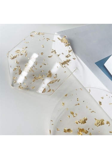 Altın Varak Akrilik Bardak Altlıkları 6 Adet İçecekler İçin İskandinav Tarzı, 9.5cm Şeffaf