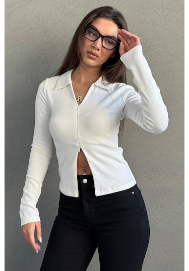 Beyaz Polo Yaka Çift Fermuarlı Slim Fit Kadın Body Mg2652 Beyaz