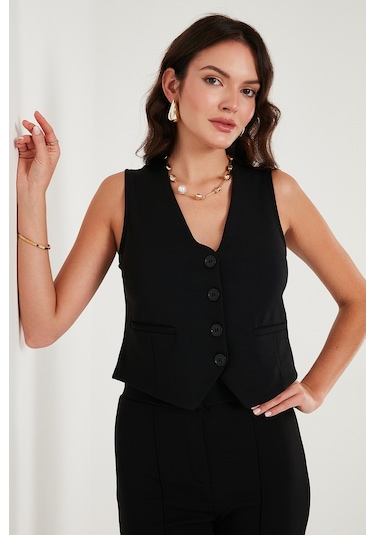 Lela Streç Fitted Fit V Yaka Düğmeli Bayan Yelek 5865971 Siyah