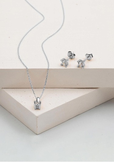 Bilezikci Tektaş Küpeli Kolyeli Beyaz Altın 14 Ayar 2'li Set