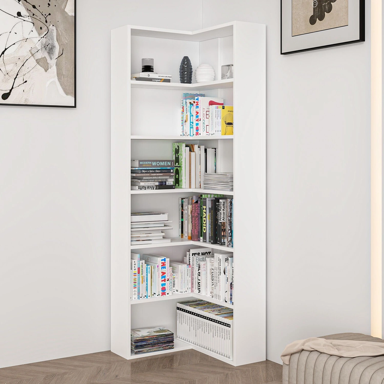 Adel 5 Raflı Köşe Kitaplık - Beyaz Beyaz