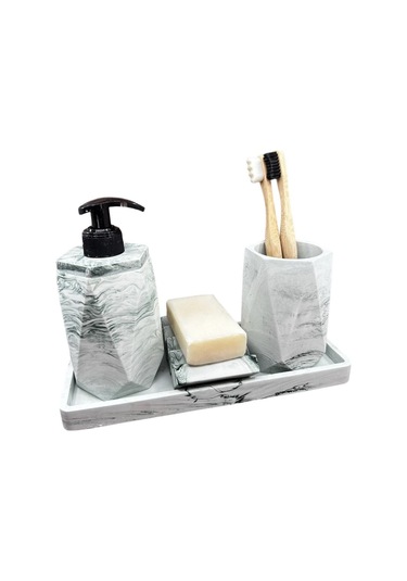 Betonmall 4 Parça Mermer Desenli Beton Banyo Seti Katı Sıvı Sabunluk Diş Fırçalık Tepsi - Yeşil Yeşil