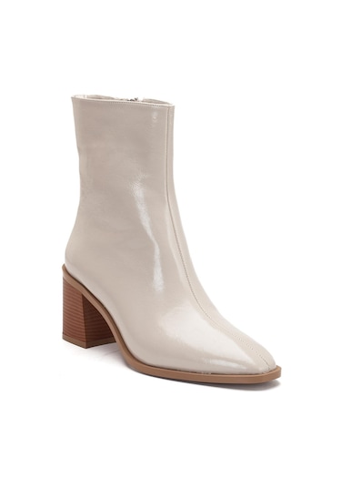Bej Kadın Kalın Topuklu Bot Rugan Küt Burun Yüzüdüz-4258 Bej