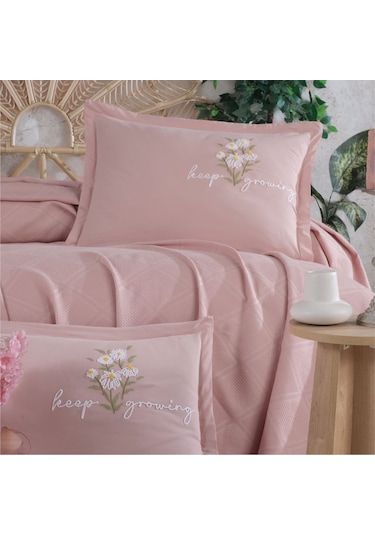 Clasy Butik Çift Kişilik Nakış Detaylı Pike Takımı Etta Pudra