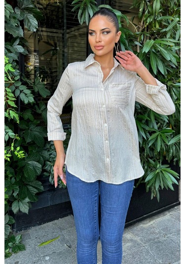 Kadın Bej Uzun Kol Özel Kumaş Tek Cep Gömlek Dik Çizgili Arkası Uzun Basic Kesim Gömlek Taş