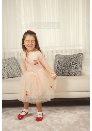 Tüllü Astarlı Esnek Kirazlı Elbise Uzun-somon Somon