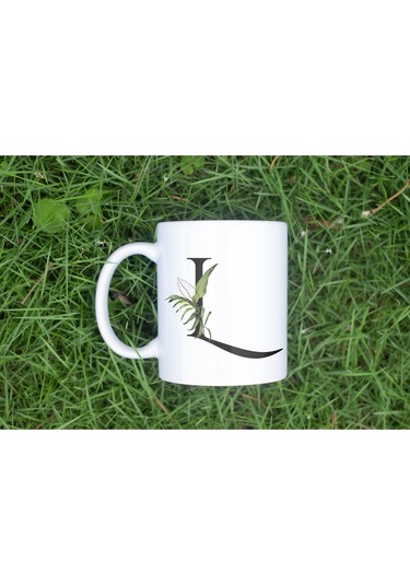 L Harf Zarif Yaprak Desenli Kupa Bardak - Naturel Sade Alfabe Harfli Bardak - Kişiye Özel Hediye Beyaz