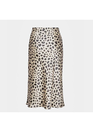 Qooth Kadın Yaz Yüksek Bel Saten Leopar A-line Etek Zarif Vintage Retro Moda Midi Etek Qt1823 Leopar