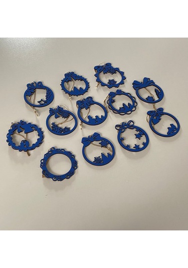 Ahşap 12 Adet Yılbaşı Ağacı Süsü Mavi