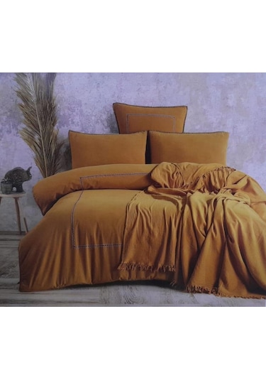 Limasso Çift Kişilik Pikeli Nakışlı Nevresim Takımı Hardal Desenli