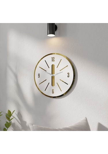 Minimalist Lüx Aynalı Pleklisi Ahşap Duvar Saati Beyaz - Altın
