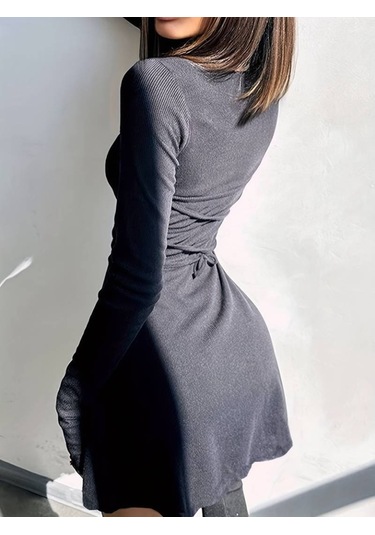 Kadın Uzun Kollu Bisiklet Yaka Kısa Kaşkorse Elbise Siyah