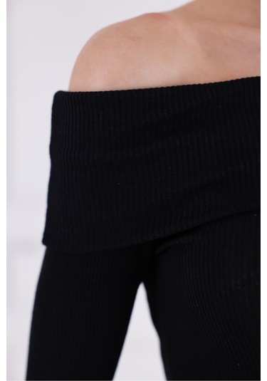 Madonna Yaka Uzun Kollu Fitilli Kadın Bluz Siyah