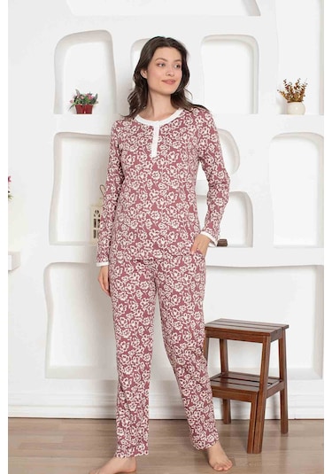 Kadın Çiçek Desen Bisiklet Yaka 3 Düğmeli %100 Pamuk Penye İnce Yazlık Uzun Kol Pijama Takımı MÜRDÜM Kadın Çiçek Desen Bisiklet Yaka 3 Düğmeli %100 Pamuk Penye İnce Yazlık Uzun Kol Pijama Takımı MÜRDÜM