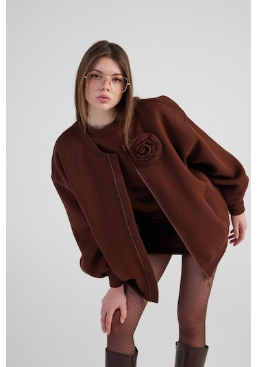 Holly Lolly Oversize Çıkarılabilir Gül Detaylı Astarlı Alexa Bomber Ceket Kahve