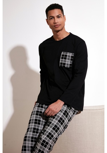 Buratti Ekoseli Cepli Beli Lastikli % 100 Pamuk Regular Fit Erkek Pijama Takımı 6572001 Siyah-Beyaz