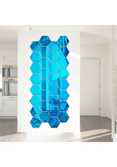 Geeksen Mavi 12 Adet Otomatik Yapışkan Hexagon Açıkçık Ayna Duvar Sticker 4.6x4cm 1mm Kalınlık Mavi