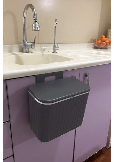 Biltaş Plastik Vailo Gri Çizgili 8 Lt Mutfak Tezgah Üstü Ve Dolap Askılı Çöp Kovası Gri