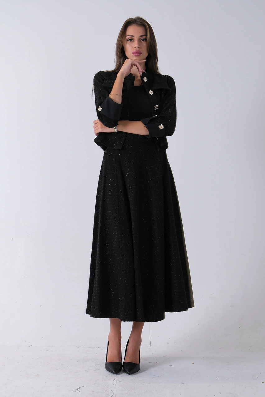 Feminist Siyah Önü Düğme Kapamalı Crop Ceket Etekli Tüvid Takım 45950601.01 Siyah