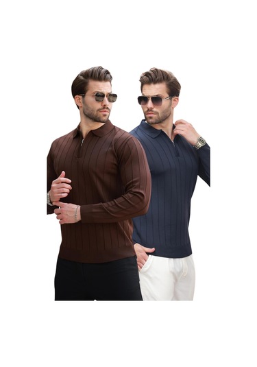 Kahverengi/lacivert Polo Yaka Fermuarlı 2'li Paket Örme Kazak E7456 Kahverengi/lacivert