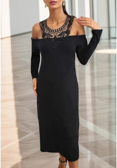 Nnstartshopping Kadın Uzun Kollu Yaka Önü Güpürlü Madonna Yaka Viskon Midi Boy Elbise Siyah