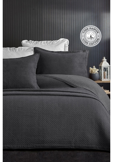Evlen Home %100 Pamuk Çift Kişilik Özel Taş Yıkama Yatak Örtüsü Lüks Yumuşak Dayanıklı Modern Vitali Antrasit
