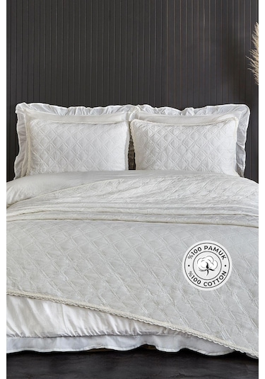 Evlen Home %100 Pamuk Çift Kişilik Özel Taş Yıkama Nevresimli Yatak Örtüsü Seti 7 Parça Yumuşak Barbara Beyaz