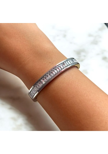 Kırmızı Sanat Evi İri Sıralı Taşlı Şık Gümüş Renk Çelik Kadın Kelepçe