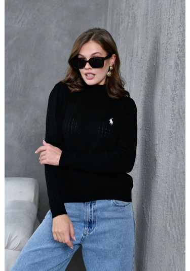 Kadın Dik Yaka Saç Örgü Nakış Detaylı Triko Kazak Siyah