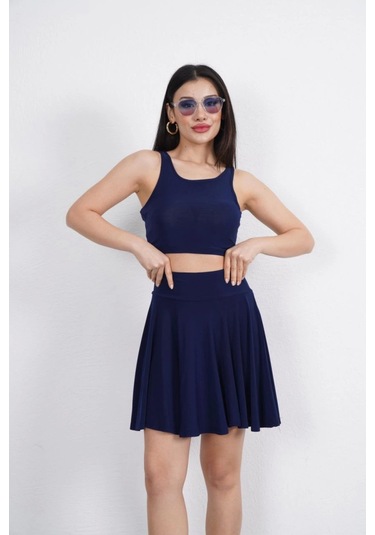 Sendy Kumaş Bisiklet Yaka Crop Şortlu Etek Ikili Takım - Lacivert Lacivert