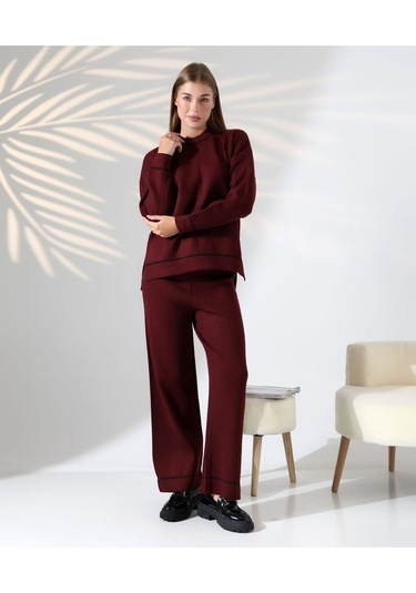 Kontrast Dikişli Kadın Triko Takım Bordo