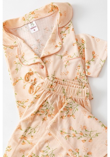 Uzun Kol Gömlek Yaka Kadın Pinterest Pijama Takımı - Mevsimlik Kadın Pijama- Geniş Beden Aralığı Turuncu